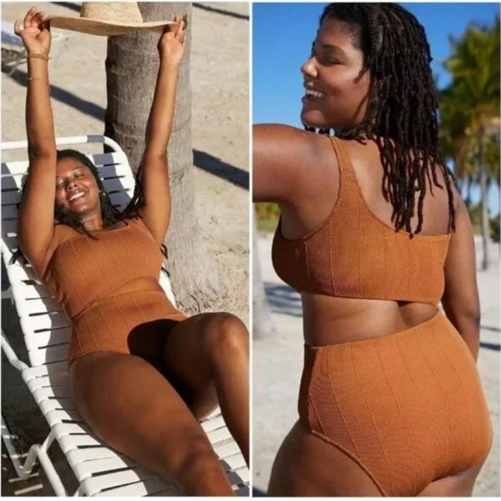 Women's Size L Aerie Rib Cut Out Asymmetrical Crinkle 1 Piece Bikini Swimsuit
